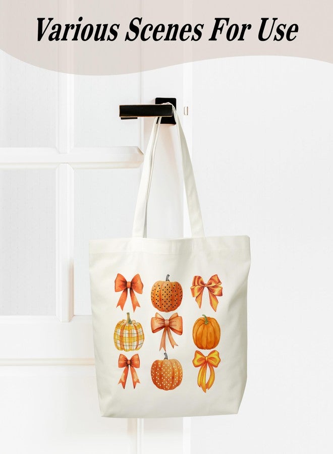 JUSITAKEET Bow Pumpkin Themed Canvas Tote Bag, Fall Gifts Bag For Women Men, Plain Pumpkin Canvas Shoulder Tote For Thanksgiving, Washable And Reusable Bags, 02 - Image 5